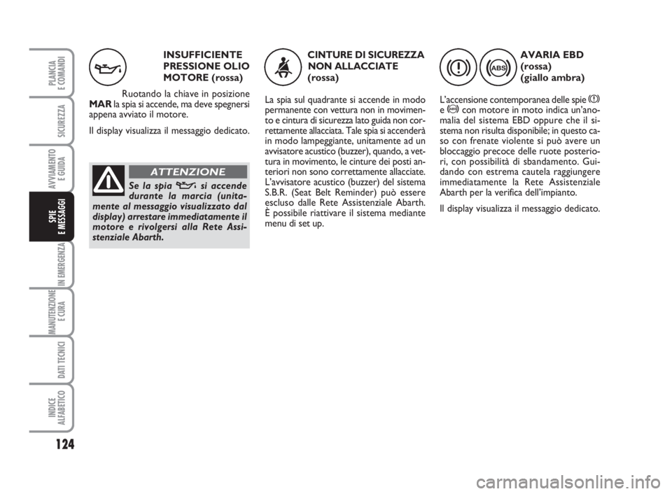 Abarth Grande Punto 2008  Libretto Uso Manutenzione (in Italian) INSUFFICIENTE
PRESSIONE OLIO
MOTORE (rossa)
Ruotando la chiave in posizione
MARla spia si accende, ma deve spegnersi
appena avviato il motore.
Il display visualizza il messaggio dedicato.
v
Se la spia