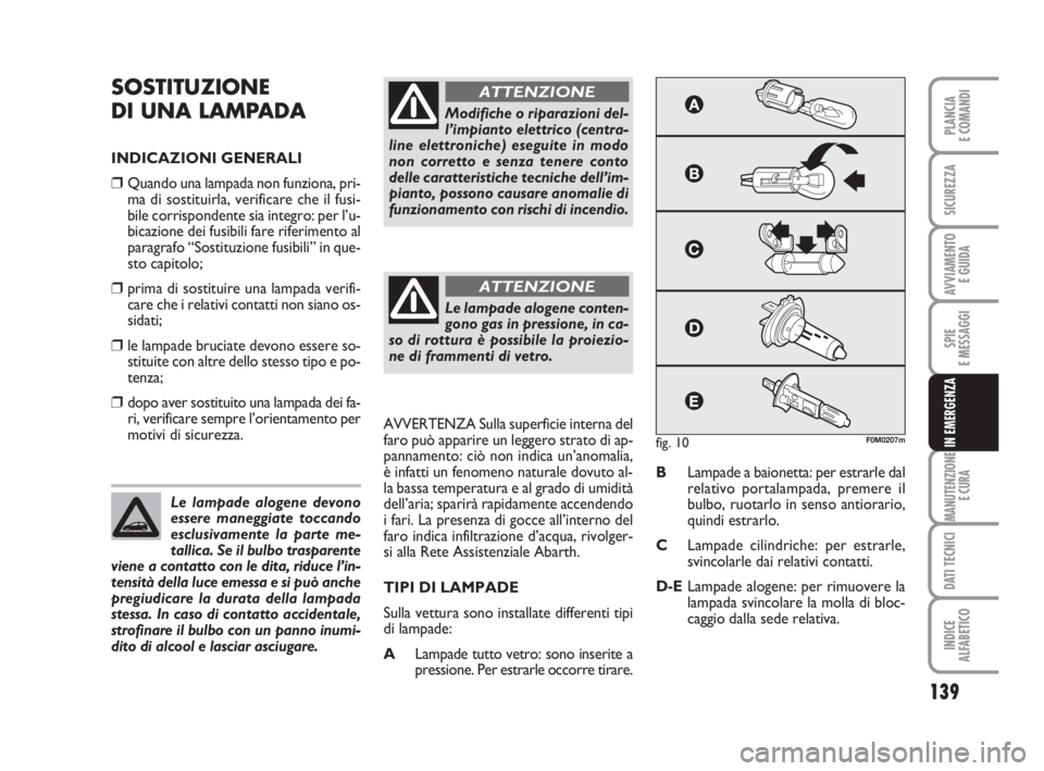 Abarth Grande Punto 2008  Libretto Uso Manutenzione (in Italian) 139
SPIE
E MESSAGGI
MANUTENZIONE
E CURA
DATI TECNICI
INDICE
ALFABETICO
PLANCIA
E COMANDI
SICUREZZA
AVVIAMENTO 
E GUIDA
IN EMERGENZA
SOSTITUZIONE
DI UNA LAMPADA
INDICAZIONI GENERALI
❒Quando una lampa