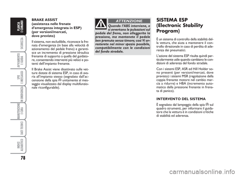 Abarth Grande Punto 2007  Libretto Uso Manutenzione (in Italian) 78
SICUREZZA
AVVIAMENTO 
E GUIDA
SPIE
E MESSAGGI
IN EMERGENZA
MANUTENZIONE
E CURA 
DATI TECNICI
INDICE
ALFABETICO
PLANCIA
E COMANDI
BRAKE ASSIST 
(assistenza nelle frenate
d’emergenza integrata in E