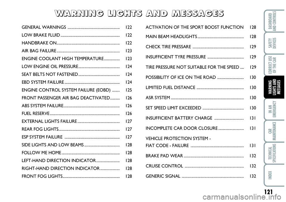 Abarth Grande Punto 2009  Owner handbook (in English) 121
IN AN
EMERGENCY
CAR
MAINTENANCE
TECHNICAL
SPECIFICATIONS
INDEX
DASHBOARD
AND CONTROLS
SAFETY
DEVICES
CORRECT USE
OF THE CAR
WARNING
LIGHTS AND
MESSAGES
GENERAL WARNINGS ...........................