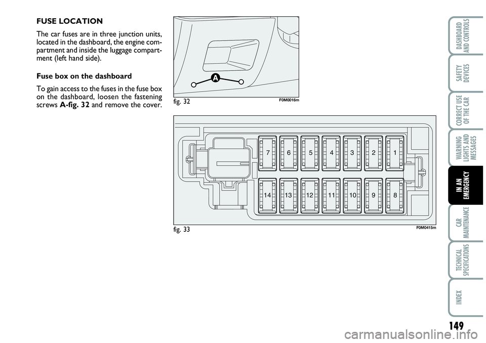Abarth Grande Punto 2008  Owner handbook (in English) 149
WARNING
LIGHTS AND
MESSAGES
CAR
MAINTENANCE
TECHNICAL
SPECIFICATIONS
INDEX
DASHBOARD
AND CONTROLS
SAFETY
DEVICES
CORRECT USE
OF THE CAR
IN AN
EMERGENCY
FUSE LOCATION
The car fuses are in three jun