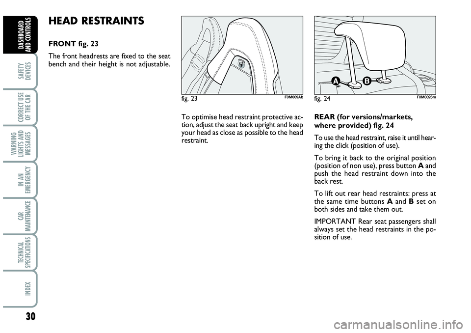 Abarth Grande Punto 2008  Owner handbook (in English) 30
SAFETY
DEVICES
CORRECT USE
OF THE CAR
WARNING
LIGHTS AND
MESSAGES
IN AN
EMERGENCY
CAR
MAINTENANCE
TECHNICAL
SPECIFICATIONS
INDEX
DASHBOARD
AND CONTROLS
HEAD RESTRAINTS
FRONT fig. 23
The front headr