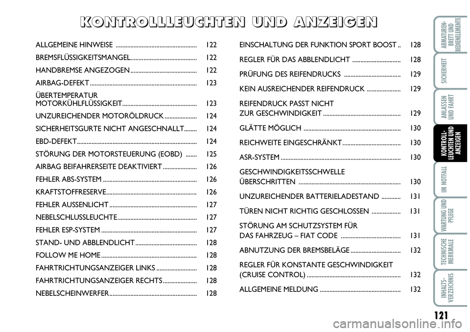 Abarth Grande Punto 2008  Betriebsanleitung (in German) 121
IM NOTFALL
WARTUNG UND
PFLEGE
TECHNISCHE
MERKMALE
INHALTS-
VERZEICHNIS
ARMATUREN-
BRETT UND
BEDIENELEMENTE
SICHERHEIT
ANLASSEN
UND FAHRT
KONTROLL-
LEUCHTEN UND
ANZEIGEN
ALLGEMEINE HINWEISE .......