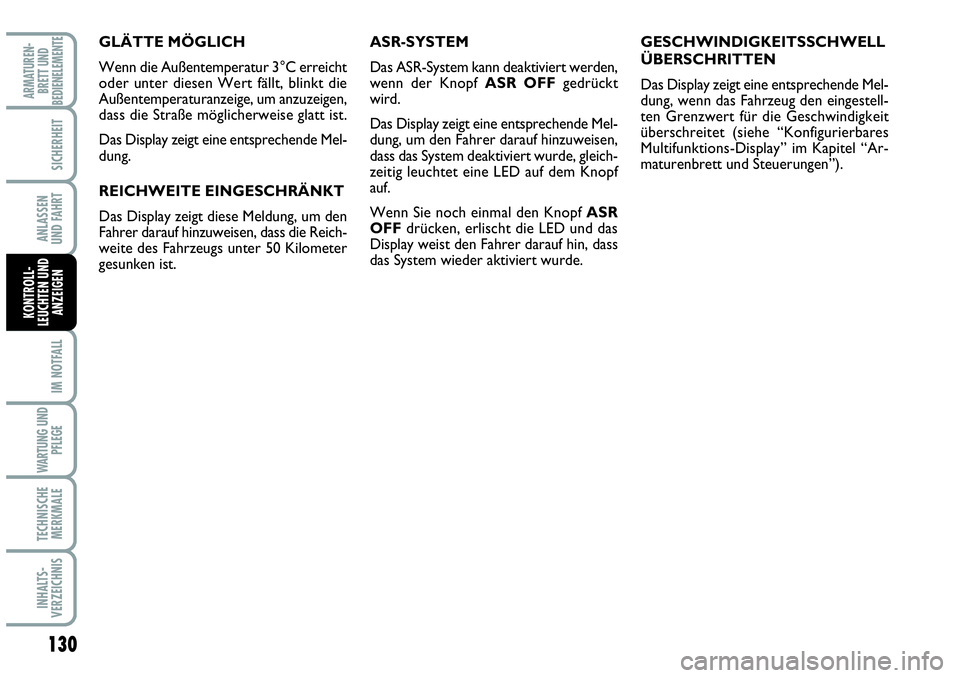 Abarth Grande Punto 2009  Betriebsanleitung (in German) 130
IM NOTFALL
WARTUNG UND
PFLEGE
TECHNISCHE
MERKMALE
INHALTS-
VERZEICHNIS
ARMATUREN-
BRETT UND
BEDIENELEMENTE
SICHERHEIT
ANLASSEN 
UND FAHRT
KONTROLL-
LEUCHTEN UND
ANZEIGEN
GLÄTTE MÖGLICH 
Wenn die