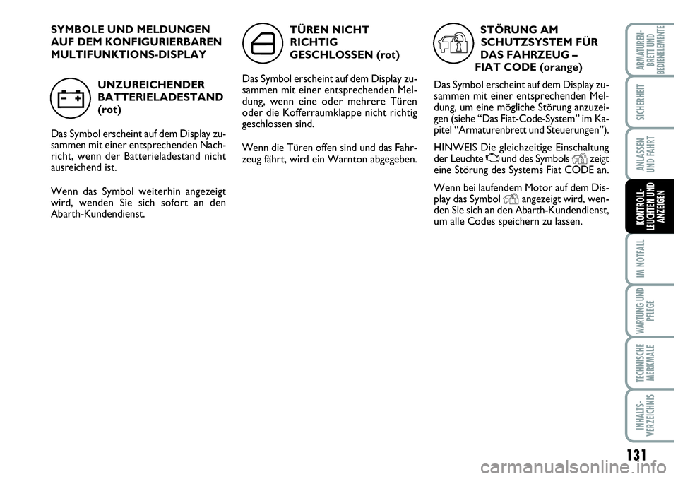 Abarth Grande Punto 2009  Betriebsanleitung (in German) 131
IM NOTFALL
WARTUNG UND
PFLEGE
TECHNISCHE
MERKMALE
INHALTS-
VERZEICHNIS
ARMATUREN-
BRETT UND
BEDIENELEMENTE
SICHERHEIT
ANLASSEN
UND FAHRT
KONTROLL-
LEUCHTEN UND
ANZEIGEN
SYMBOLE UND MELDUNGEN
AUF D