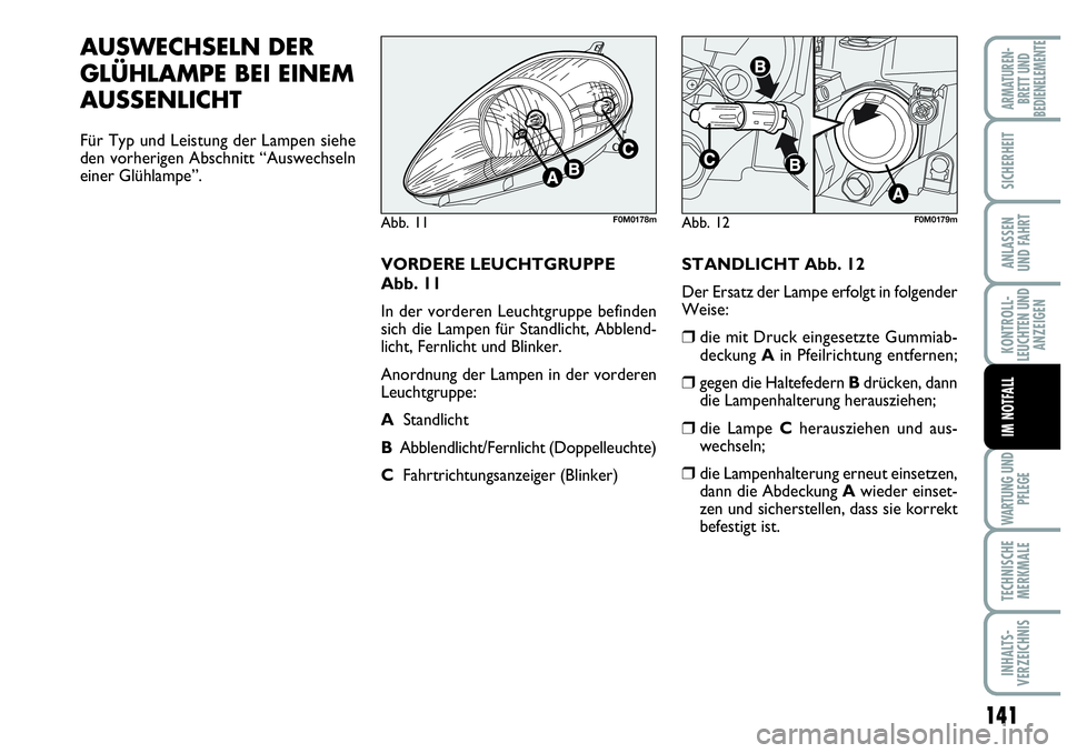 Abarth Grande Punto 2009  Betriebsanleitung (in German) 141
KONTROLL-
LEUCHTEN UND
ANZEIGEN
WARTUNG UND
PFLEGE
TECHNISCHE
MERKMALE
INHALTS-
VERZEICHNIS
ARMATUREN-
BRETT UND
BEDIENELEMENTE
SICHERHEIT
ANLASSEN
UND FAHRT
IM NOTFALL
AUSWECHSELN DER
GLÜHLAMPE 