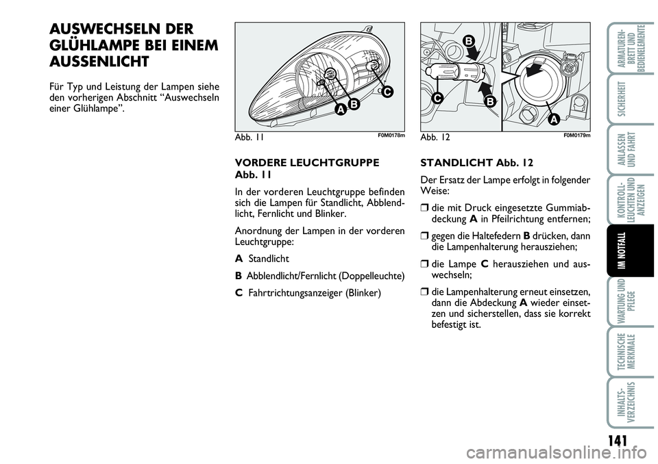 Abarth Grande Punto 2007  Betriebsanleitung (in German) 141
KONTROLL-
LEUCHTEN UND
ANZEIGEN
WARTUNG UND
PFLEGE
TECHNISCHE
MERKMALE
INHALTS-
VERZEICHNIS
ARMATUREN-
BRETT UND
BEDIENELEMENTE
SICHERHEIT
ANLASSEN
UND FAHRT
IM NOTFALL
AUSWECHSELN DER
GLÜHLAMPE 