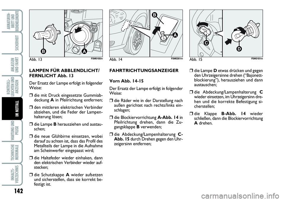 Abarth Grande Punto 2009  Betriebsanleitung (in German) 142
KONTROLL-
LEUCHTEN UND
ANZEIGEN
WARTUNG UND
PFLEGE
TECHNISCHE
MERKMALE
INHALTS-
VERZEICHNIS
ARMATUREN-
BRETT UND
BEDIENELEMENTE
SICHERHEIT
ANLASSEN 
UND FAHRT
IM NOTFALL
LAMPEN FÜR ABBLENDLICHT/
