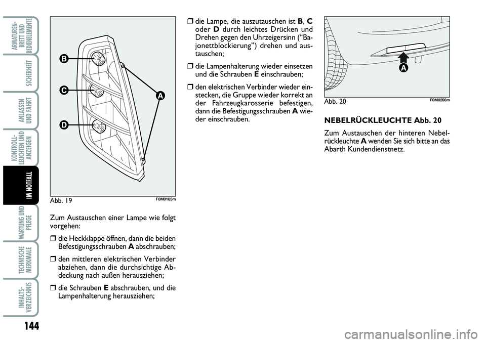 Abarth Grande Punto 2008  Betriebsanleitung (in German) 144
KONTROLL-
LEUCHTEN UND
ANZEIGEN
WARTUNG UND
PFLEGE
TECHNISCHE
MERKMALE
INHALTS-
VERZEICHNIS
ARMATUREN-
BRETT UND
BEDIENELEMENTE
SICHERHEIT
ANLASSEN 
UND FAHRT
IM NOTFALL
Zum Austauschen einer Lamp