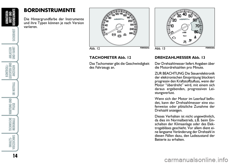 Abarth Grande Punto 2009 Betriebsanleitung (in German) 14
SICHERHEIT
ANLASSEN
UND FAHRT
KONTROLL-
LEUCHTEN UND
ANZEIGEN
IM NOTFALL
WARTUNG UND
PFLEGE
TECHNISCHE
MERKMALE
INHALTS-
VERZEICHNIS
ARMATUREN-
BRETT UND
BEDIENELEMENTE
BORDINSTRUMENTE
Die Hinter Abarth Grande Punto 2009 Betriebsanleitung (in German) 14
SICHERHEIT
ANLASSEN
UND FAHRT
KONTROLL-
LEUCHTEN UND
ANZEIGEN
IM NOTFALL
WARTUNG UND
PFLEGE
TECHNISCHE
MERKMALE
INHALTS-
VERZEICHNIS
ARMATUREN-
BRETT UND
BEDIENELEMENTE
BORDINSTRUMENTE
Die Hinter