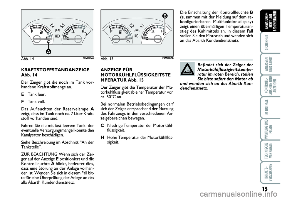 Abarth Grande Punto 2009 Betriebsanleitung (in German) 15
SICHERHEIT
ANLASSEN
UND FAHRT
KONTROLL-
LEUCHTEN UND
ANZEIGEN
IM NOTFALL
WARTUNG UND
PFLEGE
TECHNISCHE
MERKMALE
INHALTS-
VERZEICHNIS
ARMATUREN-
BRETT UND
BEDIENELEMENTE
KRAFTSTOFFSTANDANZEIGE
Abb. Abarth Grande Punto 2009 Betriebsanleitung (in German) 15
SICHERHEIT
ANLASSEN
UND FAHRT
KONTROLL-
LEUCHTEN UND
ANZEIGEN
IM NOTFALL
WARTUNG UND
PFLEGE
TECHNISCHE
MERKMALE
INHALTS-
VERZEICHNIS
ARMATUREN-
BRETT UND
BEDIENELEMENTE
KRAFTSTOFFSTANDANZEIGE
Abb.