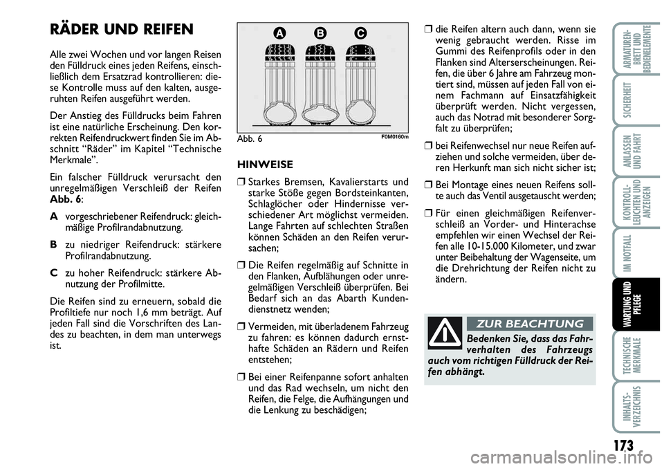Abarth Grande Punto 2009 Betriebsanleitung (in German) 173
KONTROLL-
LEUCHTEN UND
ANZEIGEN
TECHNISCHE
MERKMALE
INHALTS-
VERZEICHNIS
ARMATUREN-
BRETT UND
BEDIENELEMENTE
SICHERHEIT
ANLASSEN
UND FAHRT
IM NOTFALL
WARTUNG UND
PFLEGE
RÄDER UND REIFEN
Alle zwei Abarth Grande Punto 2009 Betriebsanleitung (in German) 173
KONTROLL-
LEUCHTEN UND
ANZEIGEN
TECHNISCHE
MERKMALE
INHALTS-
VERZEICHNIS
ARMATUREN-
BRETT UND
BEDIENELEMENTE
SICHERHEIT
ANLASSEN
UND FAHRT
IM NOTFALL
WARTUNG UND
PFLEGE
RÄDER UND REIFEN
Alle zwei