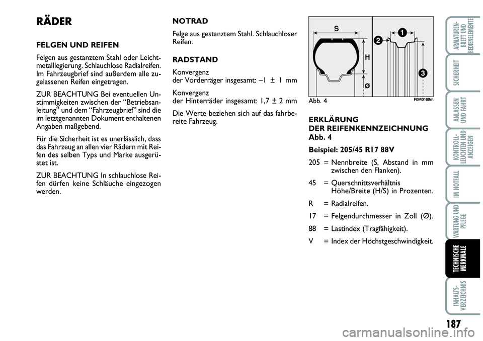 Abarth Grande Punto 2009  Betriebsanleitung (in German) 187
KONTROLL-
LEUCHTEN UND
ANZEIGEN
INHALTS-
VERZEICHNIS
ARMATUREN-
BRETT UND
BEDIENELEMENTE
SICHERHEIT
ANLASSEN
UND FAHRT
IM NOTFALL
WARTUNG UND
PFLEGE
TECHNISCHE
MERKMALE
ERKLÄRUNG 
DER REIFENKENNZ