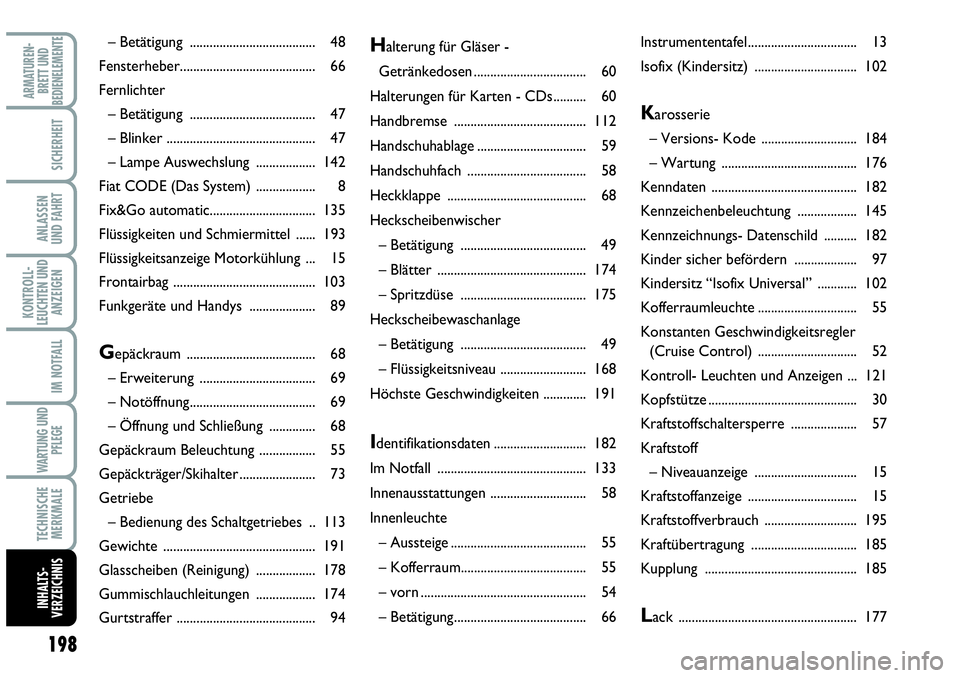 Abarth Grande Punto 2007  Betriebsanleitung (in German) 198
KONTROLL-
LEUCHTEN UND
ANZEIGEN
ARMATUREN-
BRETT UND
BEDIENELEMENTE
SICHERHEIT
ANLASSEN 
UND FAHRT
IM NOTFALL
WARTUNG UND
PFLEGE
TECHNISCHE
MERKMALE
INHALTS-
VERZEICHNIS
Halterung für Gläser - 
