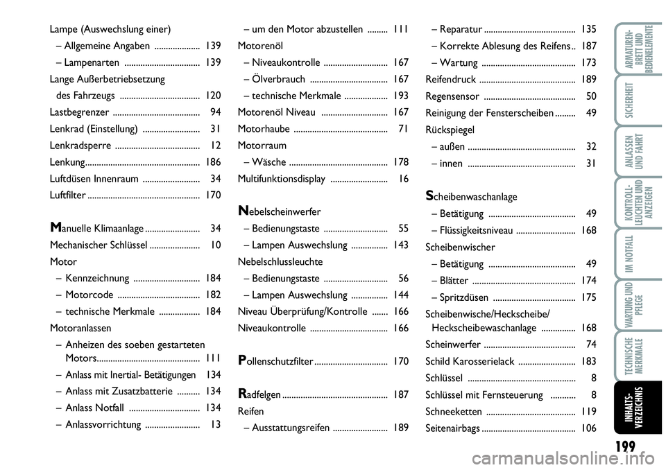 Abarth Grande Punto 2010  Betriebsanleitung (in German) 199
KONTROLL-
LEUCHTEN UND
ANZEIGEN
ARMATUREN-
BRETT UND
BEDIENELEMENTE
SICHERHEIT
ANLASSEN
UND FAHRT
IM NOTFALL
WARTUNG UND
PFLEGE
TECHNISCHE
MERKMALE
INHALTS-
VERZEICHNIS
– um den Motor abzustelle