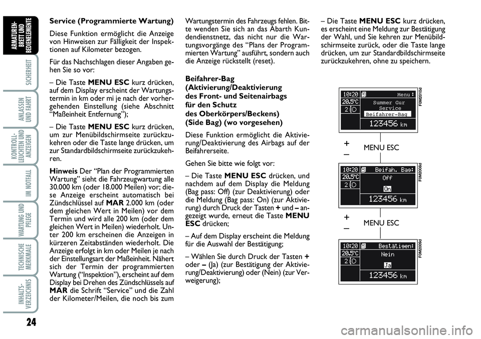 Abarth Grande Punto 2008  Betriebsanleitung (in German) 24
SICHERHEIT
ANLASSEN 
UND FAHRT
KONTROLL-
LEUCHTEN UND
ANZEIGEN
IM NOTFALL
WARTUNG UND
PFLEGE
TECHNISCHE
MERKMALE
INHALTS-
VERZEICHNIS
ARMATUREN-
BRETT UND
BEDIENELEMENTE
Service (Programmierte Wart