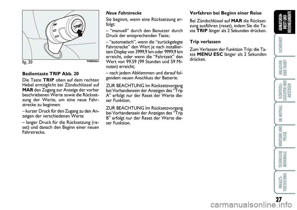 Abarth Grande Punto 2010  Betriebsanleitung (in German) 27
SICHERHEIT
ANLASSEN
UND FAHRT
KONTROLL-
LEUCHTEN UND
ANZEIGEN
IM NOTFALL
WARTUNG UND
PFLEGE
TECHNISCHE
MERKMALE
INHALTS-
VERZEICHNIS
ARMATUREN-
BRETT UND
BEDIENELEMENTE
Bedientaste TRIP Abb. 20
Die