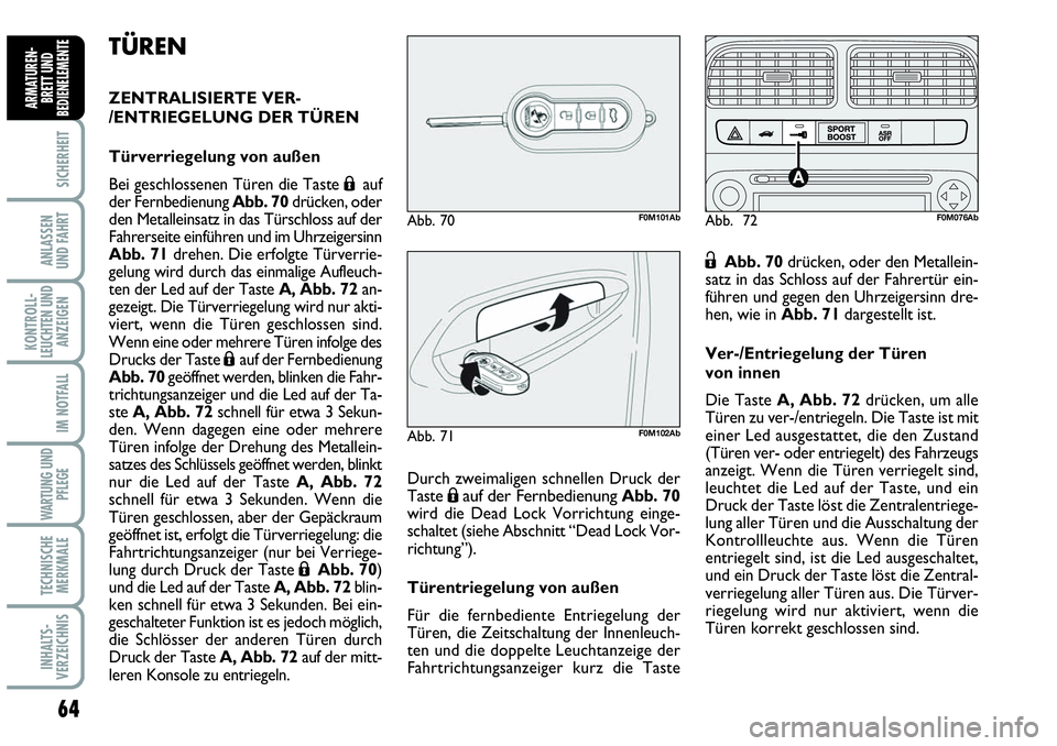 Abarth Grande Punto 2008  Betriebsanleitung (in German) 64
SICHERHEIT
ANLASSEN 
UND FAHRT
KONTROLL-
LEUCHTEN UND
ANZEIGEN
IM NOTFALL
WARTUNG UND
PFLEGE
TECHNISCHE
MERKMALE
INHALTS-
VERZEICHNIS
ARMATUREN-
BRETT UND
BEDIENELEMENTE
TÜREN
ZENTRALISIERTE VER-
