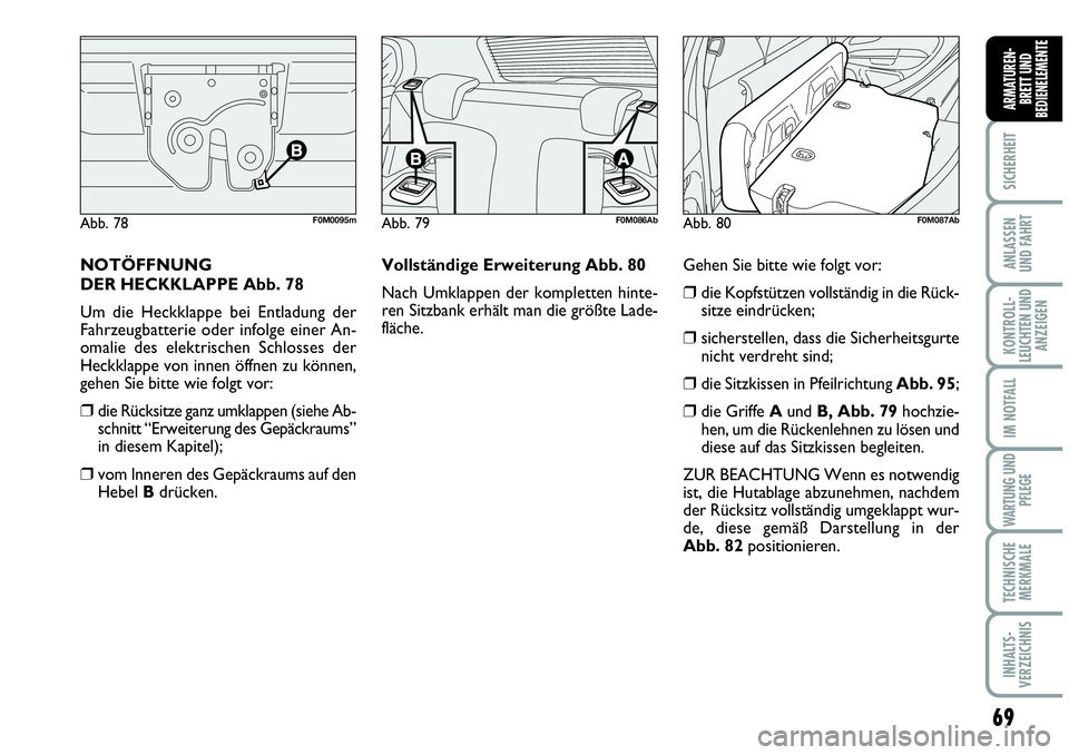 Abarth Grande Punto 2009 Betriebsanleitung (in German) 69
SICHERHEIT
ANLASSEN
UND FAHRT
KONTROLL-
LEUCHTEN UND
ANZEIGEN
IM NOTFALL
WARTUNG UND
PFLEGE
TECHNISCHE
MERKMALE
INHALTS-
VERZEICHNIS
ARMATUREN-
BRETT UND
BEDIENELEMENTE
NOTÖFFNUNG
DER HECKKLAPPE Abarth Grande Punto 2009 Betriebsanleitung (in German) 69
SICHERHEIT
ANLASSEN
UND FAHRT
KONTROLL-
LEUCHTEN UND
ANZEIGEN
IM NOTFALL
WARTUNG UND
PFLEGE
TECHNISCHE
MERKMALE
INHALTS-
VERZEICHNIS
ARMATUREN-
BRETT UND
BEDIENELEMENTE
NOTÖFFNUNG
DER HECKKLAPPE