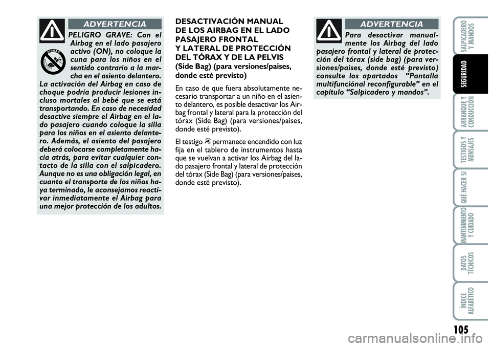 Abarth Grande Punto 2008 Manual de Empleo y Cuidado (in Spanish) 105
ARRANQUE Y
CONDUCCIÓN
TESTIGOS Y
MENSAJES
QUÉ HACER SI
MANTENIMIENTOY CUIDADO
DATOS
TÉCNICOS
ÍNDICE
ALFABÉTICO
SALPICADERO
Y MANDOS
SEGURIDAD
DESACTIVACIÓN MANUAL
DE LOS AIRBAG EN EL L Abarth Grande Punto 2008 Manual de Empleo y Cuidado (in Spanish) 105
ARRANQUE Y
CONDUCCIÓN
TESTIGOS Y
MENSAJES
QUÉ HACER SI
MANTENIMIENTOY CUIDADO
DATOS
TÉCNICOS
ÍNDICE
ALFABÉTICO
SALPICADERO
Y MANDOS
SEGURIDAD
DESACTIVACIÓN MANUAL
DE LOS AIRBAG EN EL L