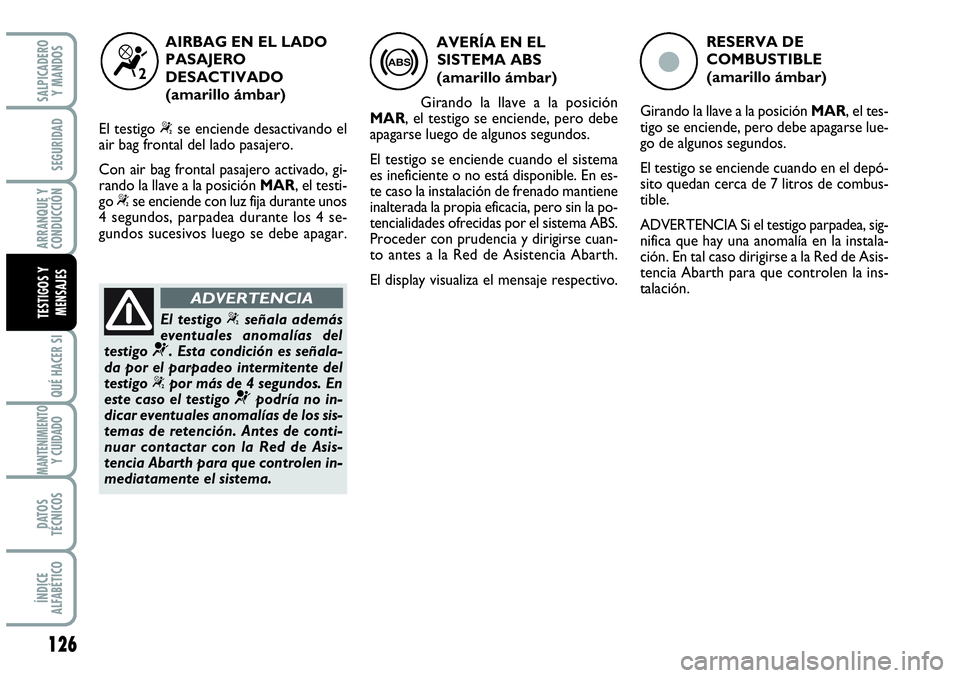 Abarth Grande Punto 2008  Manual de Empleo y Cuidado (in Spanish) 126
QUÉ HACER SI
MANTENIMIENTOY CUIDADO
DATOS 
TÉCNICOS
ÍNDICE 
ALFABÉTICO
SALPICADERO 
Y MANDOS
SEGURIDAD
ARRANQUE Y 
CONDUCCIÓN
TESTIGOS Y 
MENSAJES
ç
RESERVA DE
COMBUSTIBLE
(amarillo ámbar)
