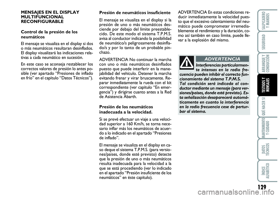 Abarth Grande Punto 2009  Manual de Empleo y Cuidado (in Spanish) 129
QUÉ HACER SI
MANTENIMIENTO Y CUIDADO
DATOS 
TÉCNICOS
ÍNDICE 
ALFABÉTICO
SALPICADERO 
Y MANDOS
SEGURIDAD
ARRANQUE Y 
CONDUCCIÓN
TESTIGOS Y 
MENSAJES
MENSAJES EN EL DISPLAY
MULTIFUNCIONAL 
RECO