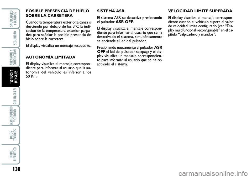 Abarth Grande Punto 2008  Manual de Empleo y Cuidado (in Spanish) 130
QUÉ HACER SI
MANTENIMIENTOY CUIDADO
DATOS 
TÉCNICOS
ÍNDICE 
ALFABÉTICO
SALPICADERO 
Y MANDOS
SEGURIDAD
ARRANQUE Y 
CONDUCCIÓN
TESTIGOS Y 
MENSAJES
POSIBLE PRESENCIA DE HIELO
SOBRE LA CARRETER