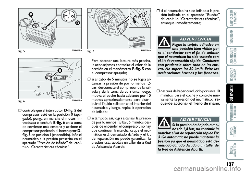 Abarth Grande Punto 2008  Manual de Empleo y Cuidado (in Spanish) 137
TESTIGOS Y 
MENSAJES
MANTENIMIENTOY CUIDADO
DATOS 
TÉCNICOS
ÍNDICE 
ALFABÉTICO
SALPICADERO 
Y MANDOS
SEGURIDAD
ARRANQUE Y 
CONDUCCIÓN
QUÉ HACER SI
fig. 5F0M0202m
fig. 6F0M0203m
fig. 7F0M039Ab