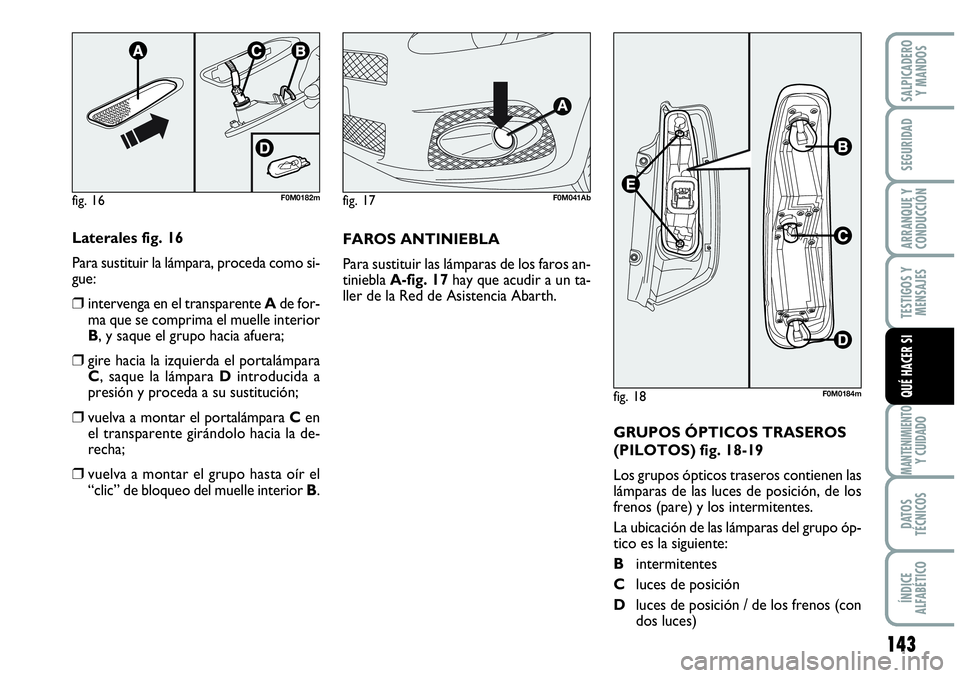Abarth Grande Punto 2008  Manual de Empleo y Cuidado (in Spanish) 143
TESTIGOS Y 
MENSAJES
MANTENIMIENTOY CUIDADO
DATOS 
TÉCNICOS
ÍNDICE 
ALFABÉTICO
SALPICADERO 
Y MANDOS
SEGURIDAD
ARRANQUE Y 
CONDUCCIÓN
QUÉ HACER SI
fig. 16F0M0182m
fig. 18F0M0184m
fig. 17F0M04