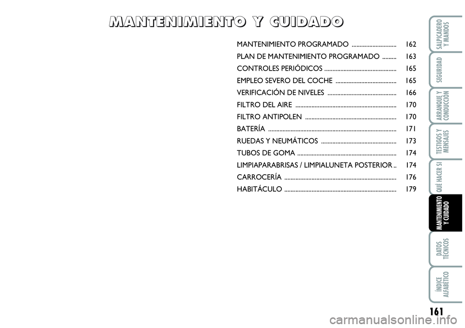 Abarth Grande Punto 2008 Manual de Empleo y Cuidado (in Spanish) 161
TESTIGOS Y
MENSAJES
DATOS
TÉCNICOS
ÍNDICE
ALFABÉTICO
SALPICADERO
Y MANDOS
SEGURIDAD
ARRANQUE Y
CONDUCCIÓN
QUÉ HACER SI
MANTENIMIENTO Y CUIDADO
MANTENIMIENTO PROGRAMADO .................. Abarth Grande Punto 2008 Manual de Empleo y Cuidado (in Spanish) 161
TESTIGOS Y
MENSAJES
DATOS
TÉCNICOS
ÍNDICE
ALFABÉTICO
SALPICADERO
Y MANDOS
SEGURIDAD
ARRANQUE Y
CONDUCCIÓN
QUÉ HACER SI
MANTENIMIENTO Y CUIDADO
MANTENIMIENTO PROGRAMADO ..................