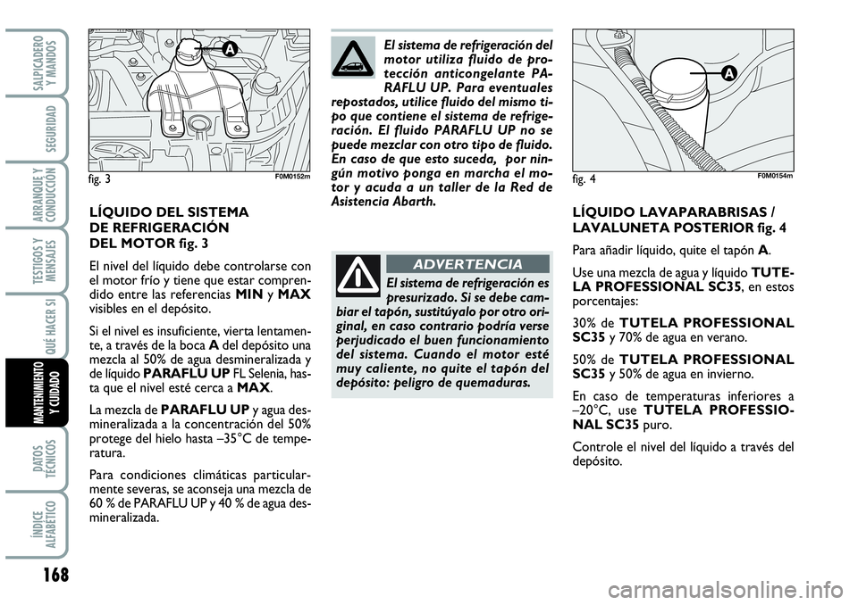 Abarth Grande Punto 2008 Manual de Empleo y Cuidado (in Spanish) 168
TESTIGOS Y
MENSAJES
DATOS
TÉCNICOS
ÍNDICE
ALFABÉTICO
SALPICADERO
Y MANDOS
SEGURIDAD
ARRANQUE Y
CONDUCCIÓN
QUÉ HACER SI
MANTENIMIENTOY CUIDADO
fig. 3F0M0152mfig. 4
El sistema de refrigera Abarth Grande Punto 2008 Manual de Empleo y Cuidado (in Spanish) 168
TESTIGOS Y
MENSAJES
DATOS
TÉCNICOS
ÍNDICE
ALFABÉTICO
SALPICADERO
Y MANDOS
SEGURIDAD
ARRANQUE Y
CONDUCCIÓN
QUÉ HACER SI
MANTENIMIENTOY CUIDADO
fig. 3F0M0152mfig. 4
El sistema de refrigera