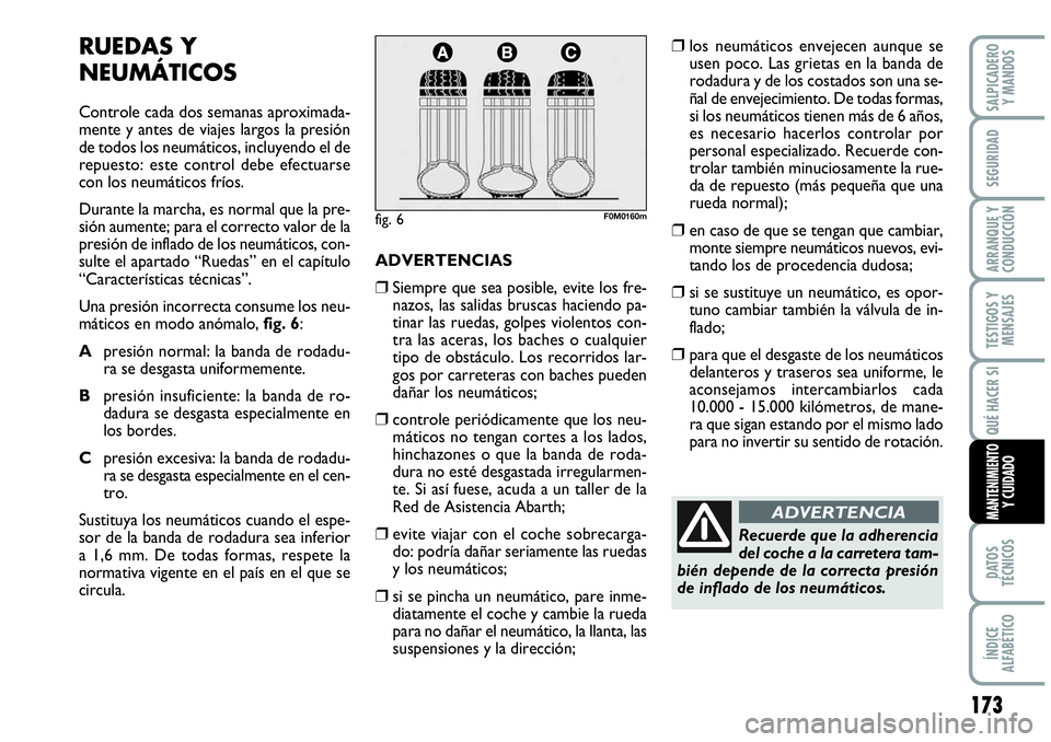 Abarth Grande Punto 2008 Manual de Empleo y Cuidado (in Spanish) 173
TESTIGOS Y
MENSAJES
DATOS
TÉCNICOS
ÍNDICE
ALFABÉTICO
SALPICADERO
Y MANDOS
SEGURIDAD
ARRANQUE Y
CONDUCCIÓN
QUÉ HACER SI
MANTENIMIENTO Y CUIDADO
RUEDAS Y
NEUMÁTICOS
Controle cada dos sema Abarth Grande Punto 2008 Manual de Empleo y Cuidado (in Spanish) 173
TESTIGOS Y
MENSAJES
DATOS
TÉCNICOS
ÍNDICE
ALFABÉTICO
SALPICADERO
Y MANDOS
SEGURIDAD
ARRANQUE Y
CONDUCCIÓN
QUÉ HACER SI
MANTENIMIENTO Y CUIDADO
RUEDAS Y
NEUMÁTICOS
Controle cada dos sema
