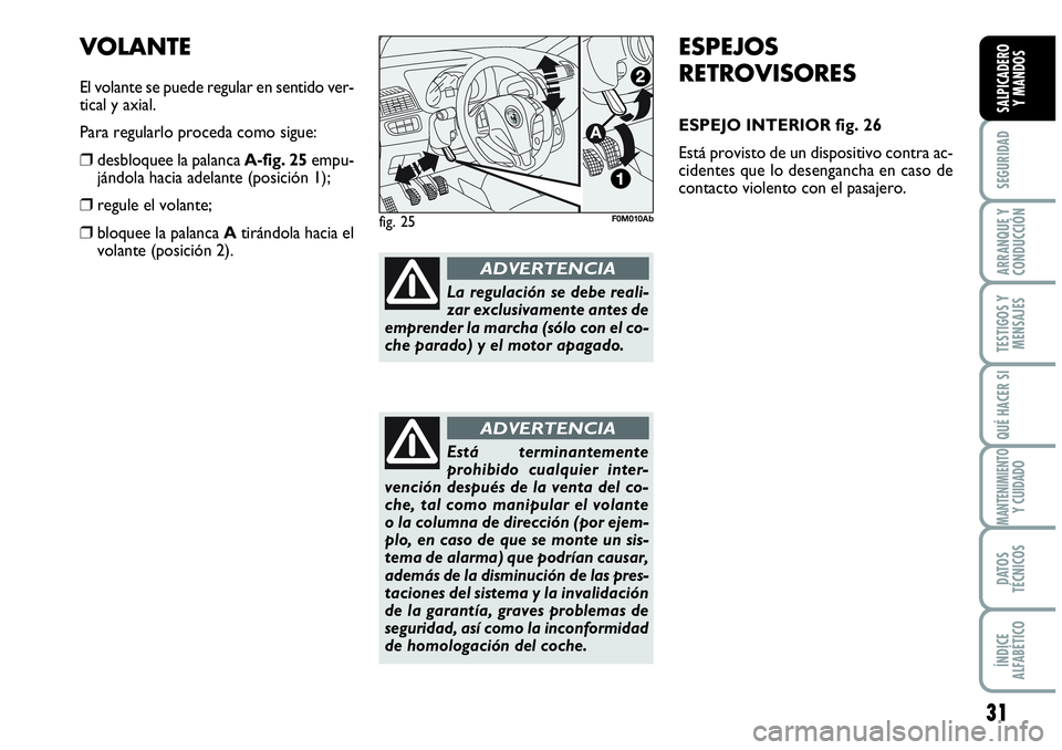 Abarth Grande Punto 2008  Manual de Empleo y Cuidado (in Spanish) 31
SEGURIDAD
ARRANQUE Y 
CONDUCCIÓN
TESTIGOS Y 
MENSAJES
QUÉ HACER SI
MANTENIMIENTOY CUIDADO
DATOS 
TÉCNICOS
ÍNDICE 
ALFABÉTICO
SALPICADERO 
Y MANDOS
ESPEJOS
RETROVISORES
ESPEJO INTERIOR fig. 26
