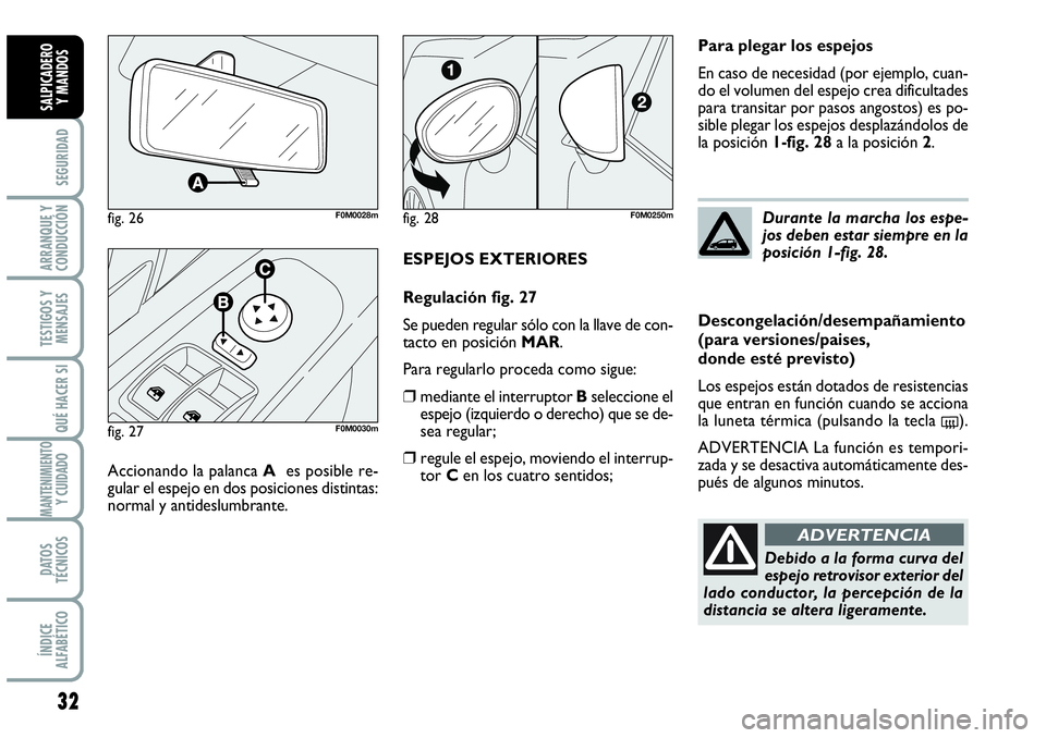 Abarth Grande Punto 2007  Manual de Empleo y Cuidado (in Spanish) 32
SEGURIDAD
ARRANQUE Y
CONDUCCIÓN
TESTIGOS Y
MENSAJES
QUÉ HACER SI
MANTENIMIENTOY CUIDADO
DATOS
TÉCNICOS
ÍNDICE
ALFABÉTICO
SALPICADERO 
Y MANDOS
ESPEJOS EXTERIORES
Regulación fig. 27
Se pueden 