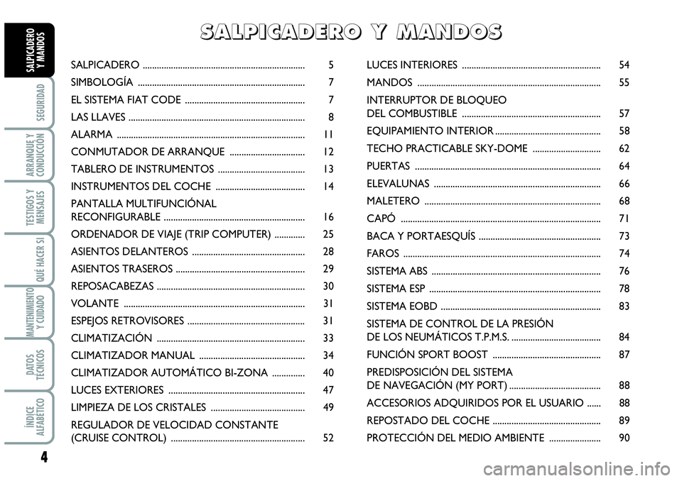 Abarth Grande Punto 2009  Manual de Empleo y Cuidado (in Spanish) 4
SEGURIDAD
ARRANQUE Y
CONDUCCIÓN
TESTIGOS Y
MENSAJES
QUÉ HACER SI
MANTENIMIENTOY CUIDADO
DATOS
TÉCNICOS
ÍNDICE
ALFABÉTICO
SALPICADERO 
Y MANDOSSALPICADERO .......................................