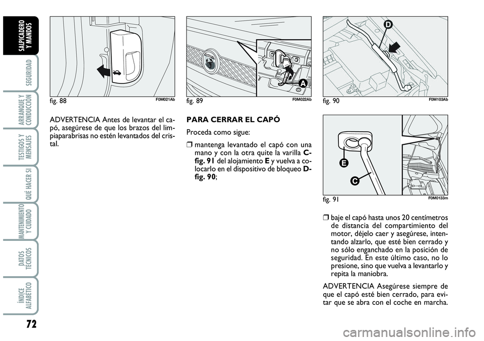 Abarth Grande Punto 2008  Manual de Empleo y Cuidado (in Spanish) 72
SEGURIDAD
ARRANQUE Y
CONDUCCIÓN
TESTIGOS Y
MENSAJES
QUÉ HACER SI
MANTENIMIENTOY CUIDADO
DATOS
TÉCNICOS
ÍNDICE
ALFABÉTICO
SALPICADERO 
Y MANDOS
❒baje el capó hasta unos 20 centímetros
de di