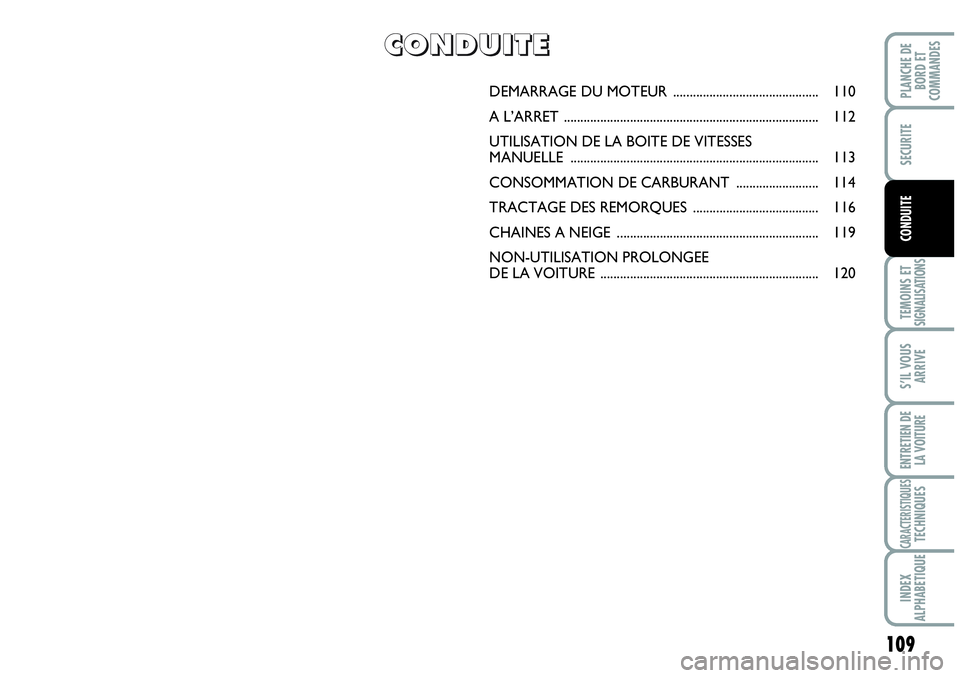 Abarth Grande Punto 2008  Notice dentretien (in French) 109
TEMOINS ET SIGNALISATIONS
S’IL VOUS
ARRIVE
ENTRETIEN DE 
LA VOITURE
CARACTERISTIQUESTECHNIQUES
INDEX 
ALPHABETIQUE
PLANCHE DE
BORD ET
COMMANDES
SECURITE
CONDUITE
DEMARRAGE DU MOTEUR ............
