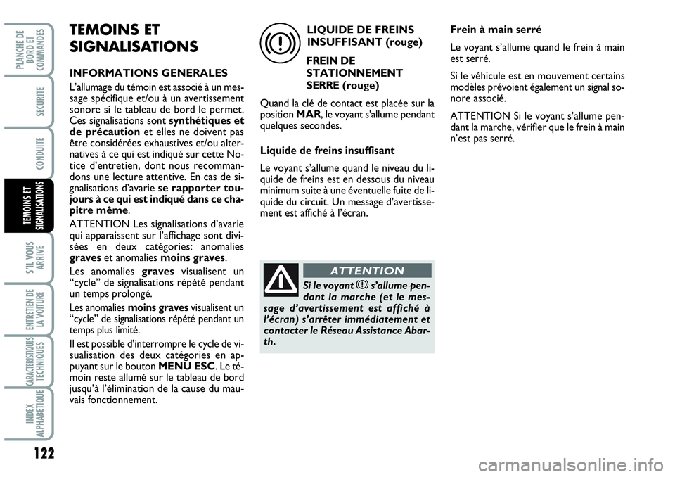 Abarth Grande Punto 2008 Notice dentretien (in French) 122
S’IL VOUS
ARRIVE
ENTRETIEN DE
LA VOITURE
CARACTERISTIQUES TECHNIQUES
INDEX
ALPHABETIQUE
PLANCHE DE
BORD ET
COMMANDES
SECURITE
CONDUITE
TEMOINS ET SIGNALISATIONS
TEMOINS ET
SIGNALISATIONS
INF Abarth Grande Punto 2008 Notice dentretien (in French) 122
S’IL VOUS
ARRIVE
ENTRETIEN DE
LA VOITURE
CARACTERISTIQUES TECHNIQUES
INDEX
ALPHABETIQUE
PLANCHE DE
BORD ET
COMMANDES
SECURITE
CONDUITE
TEMOINS ET SIGNALISATIONS
TEMOINS ET
SIGNALISATIONS
INF