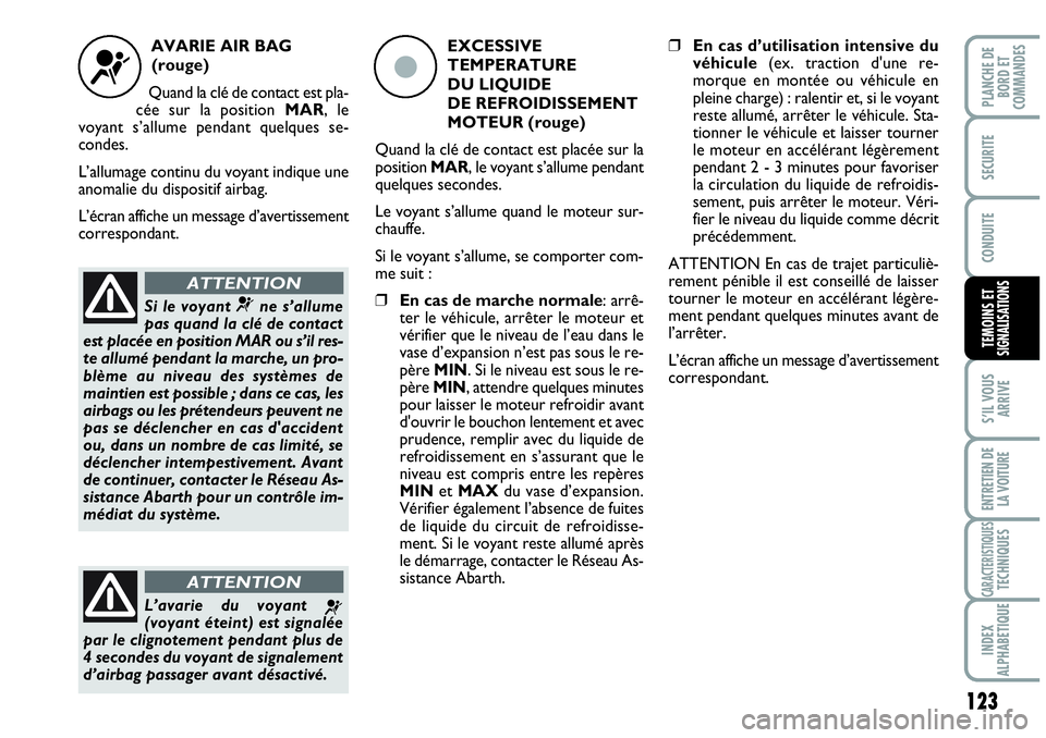 Abarth Grande Punto 2010 Notice dentretien (in French) 123
S’IL VOUS
ARRIVE
ENTRETIEN DE
LA VOITURE
CARACTERISTIQUESTECHNIQUES
INDEX
ALPHABETIQUE
PLANCHE DE
BORD ET
COMMANDES
SECURITE
CONDUITE
TEMOINS ET SIGNALISATIONS
AVARIE AIR BAG
(rouge)
Quand l Abarth Grande Punto 2010 Notice dentretien (in French) 123
S’IL VOUS
ARRIVE
ENTRETIEN DE
LA VOITURE
CARACTERISTIQUESTECHNIQUES
INDEX
ALPHABETIQUE
PLANCHE DE
BORD ET
COMMANDES
SECURITE
CONDUITE
TEMOINS ET SIGNALISATIONS
AVARIE AIR BAG
(rouge)
Quand l