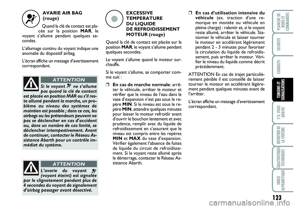 Abarth Grande Punto 2010  Notice dentretien (in French) 123
S’IL VOUS
ARRIVE
ENTRETIEN DE 
LA VOITURE
CARACTERISTIQUESTECHNIQUES
INDEX 
ALPHABETIQUE
PLANCHE DE 
BORD ET 
COMMANDES
SECURITE
CONDUITE
TEMOINS ET SIGNALISATIONS
AVARIE AIR BAG
(rouge)
Quand l