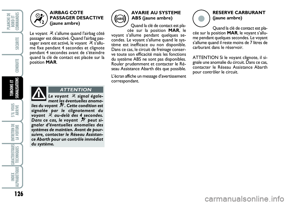 Abarth Grande Punto 2010  Notice dentretien (in French) 126
S’IL VOUS
ARRIVE
ENTRETIEN DE 
LA VOITURE
CARACTERISTIQUES TECHNIQUES
INDEX 
ALPHABETIQUE
PLANCHE DE 
BORD ET 
COMMANDES
SECURITE
CONDUITE
TEMOINS ET SIGNALISATIONS
ç
RESERVE CARBURANT
(jaune a