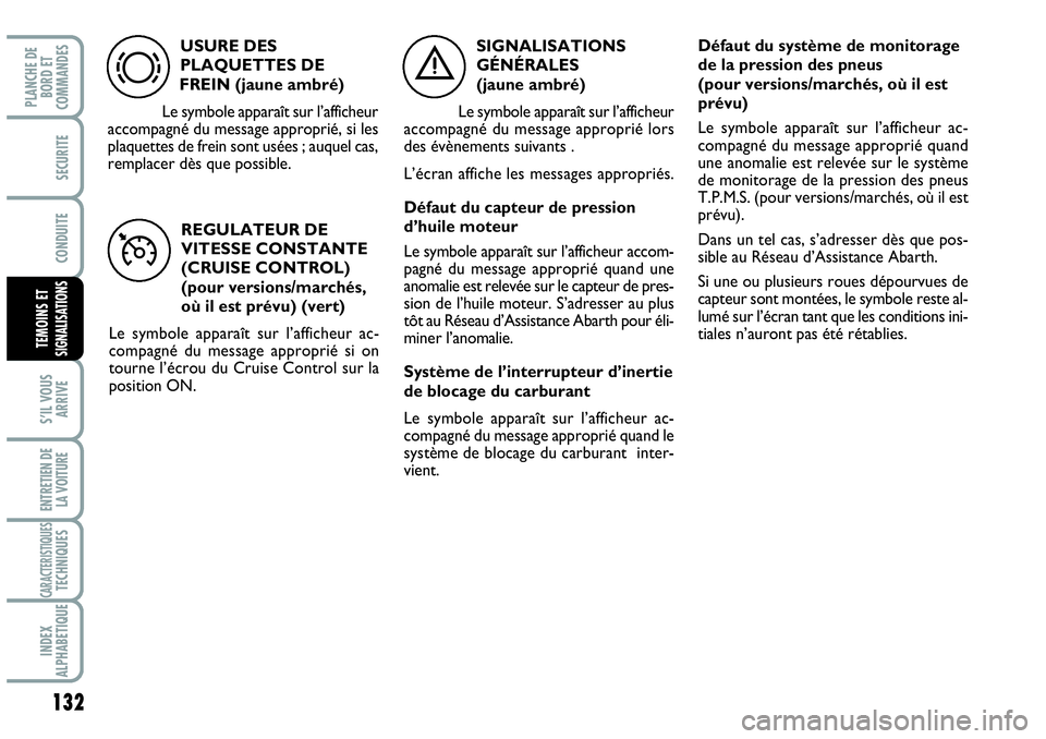 Abarth Grande Punto 2008 Notice dentretien (in French) 132
S’IL VOUS
ARRIVE
ENTRETIEN DE
LA VOITURE
CARACTERISTIQUES TECHNIQUES
INDEX
ALPHABETIQUE
PLANCHE DE
BORD ET
COMMANDES
SECURITE
CONDUITE
TEMOINS ET SIGNALISATIONS
USURE DES
PLAQUETTES DE
FREIN Abarth Grande Punto 2008 Notice dentretien (in French) 132
S’IL VOUS
ARRIVE
ENTRETIEN DE
LA VOITURE
CARACTERISTIQUES TECHNIQUES
INDEX
ALPHABETIQUE
PLANCHE DE
BORD ET
COMMANDES
SECURITE
CONDUITE
TEMOINS ET SIGNALISATIONS
USURE DES
PLAQUETTES DE
FREIN