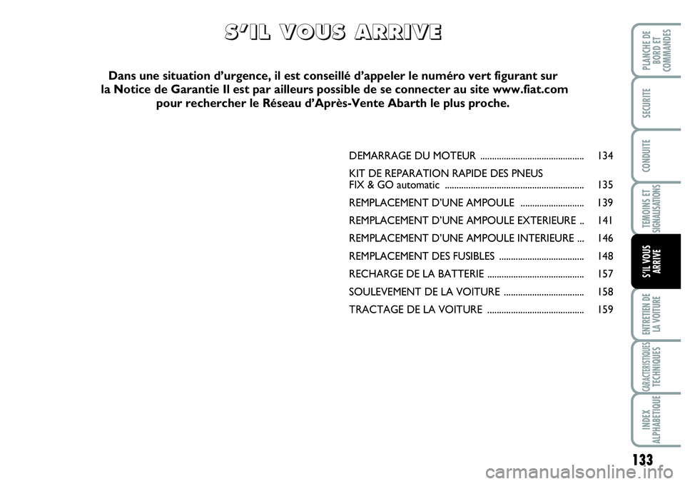 Abarth Grande Punto 2008 Notice dentretien (in French) 133
TEMOINS ET SIGNALISATIONS
ENTRETIEN DE
LA VOITURE
CARACTERISTIQUESTECHNIQUES
INDEX
ALPHABETIQUE
PLANCHE DE
BORD ET
COMMANDES
SECURITE
CONDUITE
S’IL VOUS
ARRIVE
DEMARRAGE DU MOTEUR ............ Abarth Grande Punto 2008 Notice dentretien (in French) 133
TEMOINS ET SIGNALISATIONS
ENTRETIEN DE
LA VOITURE
CARACTERISTIQUESTECHNIQUES
INDEX
ALPHABETIQUE
PLANCHE DE
BORD ET
COMMANDES
SECURITE
CONDUITE
S’IL VOUS
ARRIVE
DEMARRAGE DU MOTEUR ............
