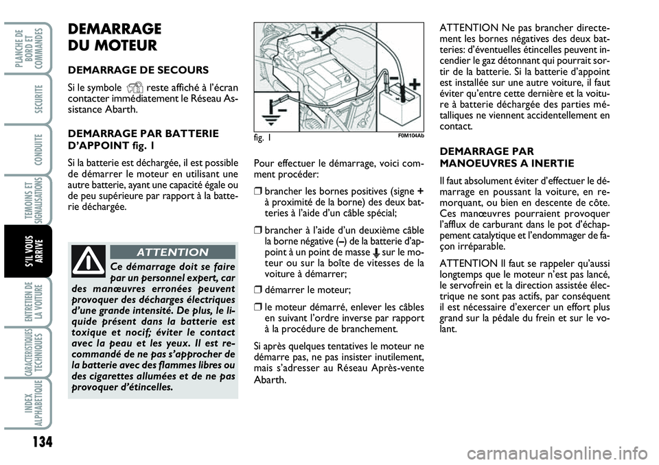 Abarth Grande Punto 2008 Notice dentretien (in French) DEMARRAGE
DU MOTEUR
DEMARRAGE DE SECOURS
Si le symbole
Yreste affiché à l’écran
contacter immédiatement le Réseau As-
sistance Abarth.
DEMARRAGE PAR BATTERIE
D’APPOINT fig. 1
Si la batterie Abarth Grande Punto 2008 Notice dentretien (in French) DEMARRAGE
DU MOTEUR
DEMARRAGE DE SECOURS
Si le symbole
Yreste affiché à l’écran
contacter immédiatement le Réseau As-
sistance Abarth.
DEMARRAGE PAR BATTERIE
D’APPOINT fig. 1
Si la batterie