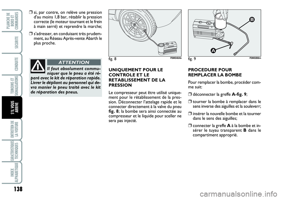 Abarth Grande Punto 2008 Notice dentretien (in French) 138
TEMOINS ET SIGNALISATIONS
ENTRETIEN DE
LA VOITURE
CARACTERISTIQUESTECHNIQUES
INDEX
ALPHABETIQUE
PLANCHE DE
BORD ET
COMMANDES
SECURITE
CONDUITE
S’IL VOUS
ARRIVE
❒si, par contre, on relève Abarth Grande Punto 2008 Notice dentretien (in French) 138
TEMOINS ET SIGNALISATIONS
ENTRETIEN DE
LA VOITURE
CARACTERISTIQUESTECHNIQUES
INDEX
ALPHABETIQUE
PLANCHE DE
BORD ET
COMMANDES
SECURITE
CONDUITE
S’IL VOUS
ARRIVE
❒si, par contre, on relève