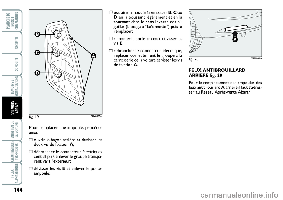 Abarth Grande Punto 2008  Notice dentretien (in French) 144
TEMOINS ET SIGNALISATIONS
ENTRETIEN DE 
LA VOITURE
CARACTERISTIQUESTECHNIQUES
INDEX 
ALPHABETIQUE
PLANCHE DE 
BORD ET 
COMMANDES
SECURITE
CONDUITE
S’IL VOUS
ARRIVE
Pour remplacer une ampoule, pr