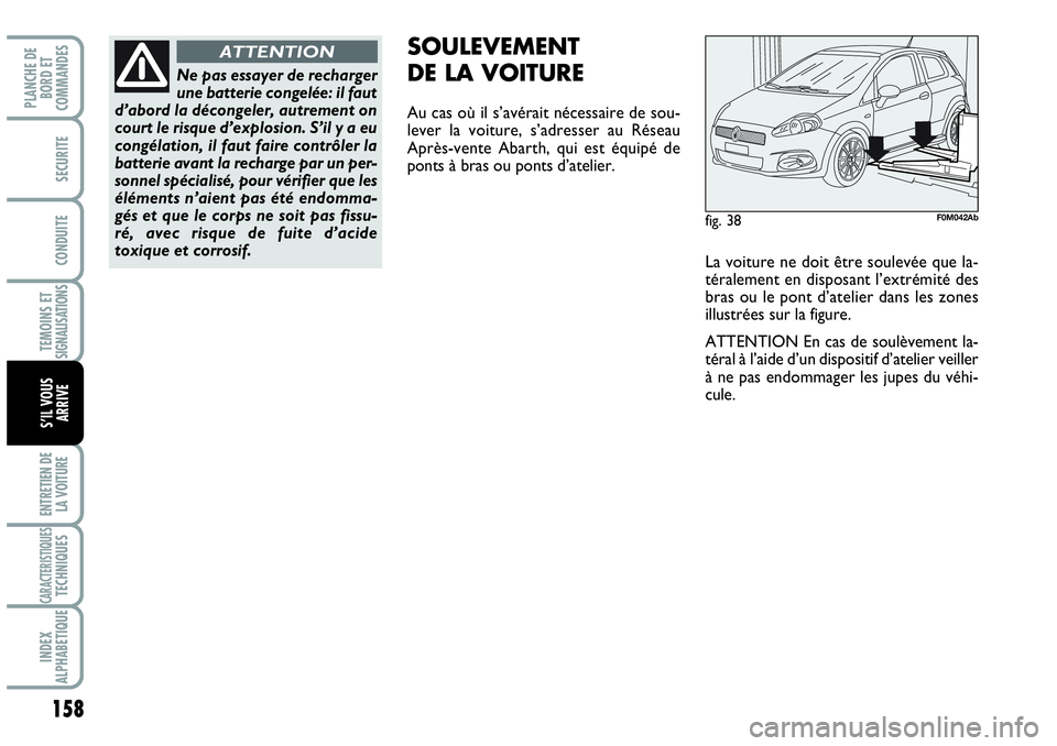 Abarth Grande Punto 2008 Notice dentretien (in French) 158
TEMOINS ET SIGNALISATIONS
ENTRETIEN DE
LA VOITURE
CARACTERISTIQUESTECHNIQUES
INDEX
ALPHABETIQUE
PLANCHE DE
BORD ET
COMMANDES
SECURITE
CONDUITE
S’IL VOUS
ARRIVE
SOULEVEMENT
DE LA VOITURE
Au Abarth Grande Punto 2008 Notice dentretien (in French) 158
TEMOINS ET SIGNALISATIONS
ENTRETIEN DE
LA VOITURE
CARACTERISTIQUESTECHNIQUES
INDEX
ALPHABETIQUE
PLANCHE DE
BORD ET
COMMANDES
SECURITE
CONDUITE
S’IL VOUS
ARRIVE
SOULEVEMENT
DE LA VOITURE
Au
