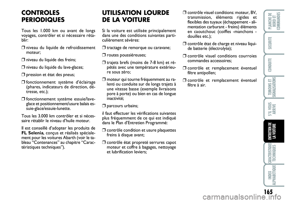 Abarth Grande Punto 2010  Notice dentretien (in French) 165
TEMOINS ET SIGNALISATIONS
CARACTERISTIQUESTECHNIQUES
INDEX 
ALPHABETIQUE
PLANCHE DE 
BORD ET 
COMMANDES
SECURITE
CONDUITE
S’IL VOUS
ARRIVE
ENTRETIEN DE 
LA VOITURE
UTILISATION LOURDE
DE LA VOITU