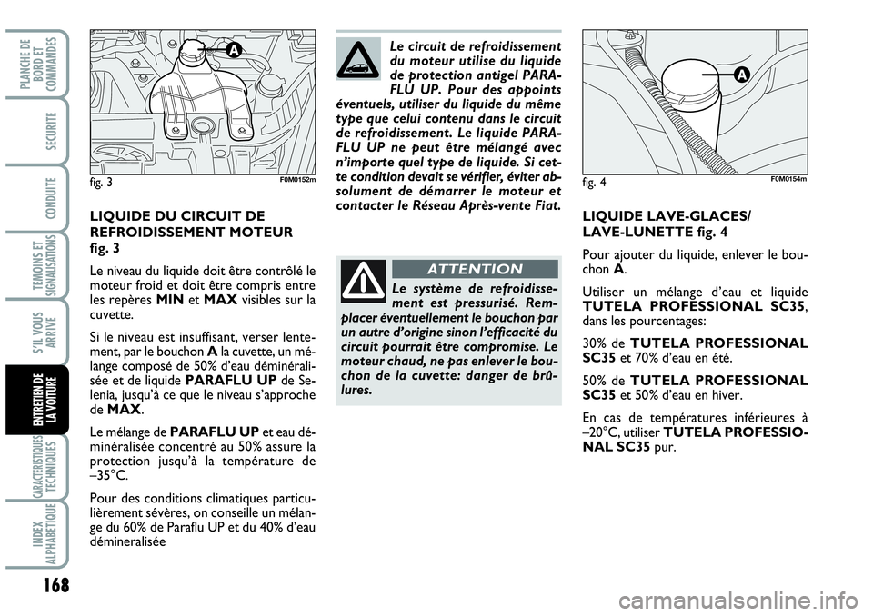 Abarth Grande Punto 2010  Notice dentretien (in French) 168
TEMOINS ET SIGNALISATIONS
CARACTERISTIQUESTECHNIQUES
INDEX 
ALPHABETIQUE
PLANCHE DE 
BORD ET 
COMMANDES
SECURITE
CONDUITE
S’IL VOUS
ARRIVE
ENTRETIEN DE 
LA VOITURE
fig. 3F0M0152m
LIQUIDE LAVE-GL
