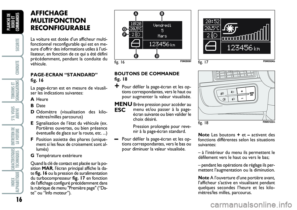 Abarth Grande Punto 2010  Notice dentretien (in French) 16
SECURITE
CONDUITE
TEMOINS ETSIGNALISATIONS
S’IL VOUS
ARRIVE
ENTRETIEN DE
LA VOITURE
CARACTERISTIQUESTECHNIQUES
INDEX
ALPHABETIQUE
PLANCHE DE
BORD ET
COMMANDES
AFFICHAGE
MULTIFONCTION
RECONFIGURAB